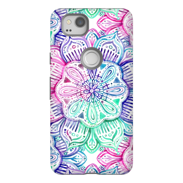 Pixel 2 StrongFit Watercolor Mandala in Mint, Magenta and Purple by Micklyn Le Feuvre