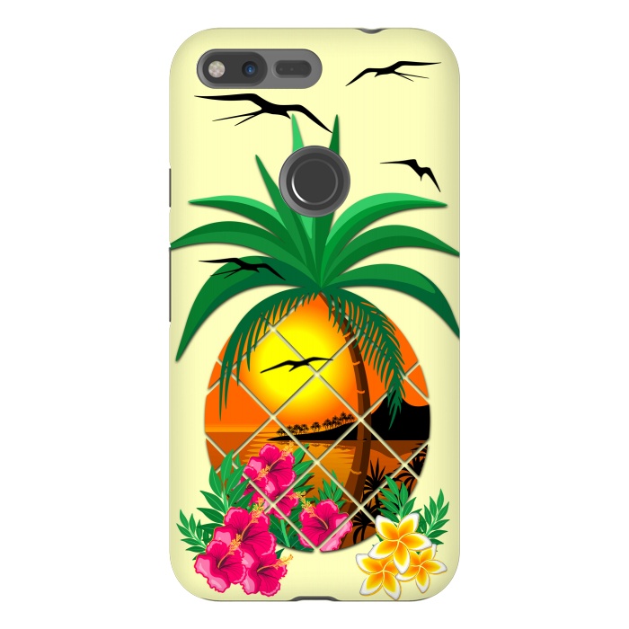 Pixel XL StrongFit Pineapple Tropical Sunset, Palm Tree and Flowers by BluedarkArt