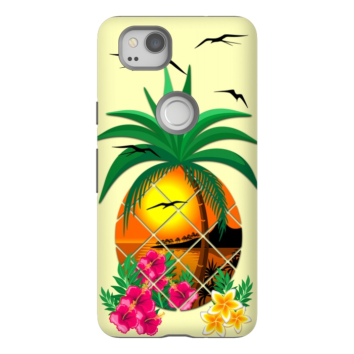 Pixel 2 StrongFit Pineapple Tropical Sunset, Palm Tree and Flowers by BluedarkArt