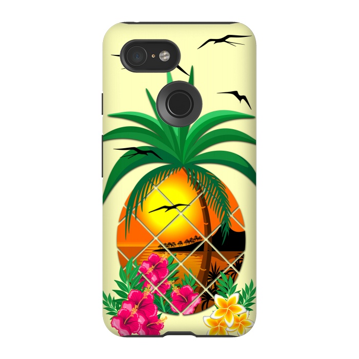 Pixel 3 StrongFit Pineapple Tropical Sunset, Palm Tree and Flowers by BluedarkArt