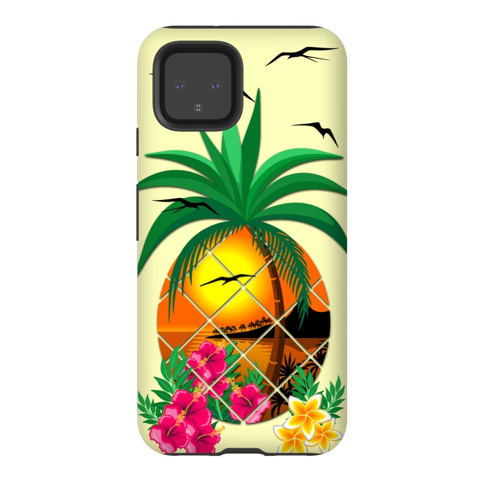 Pixel 4 StrongFit Pineapple Tropical Sunset, Palm Tree and Flowers by BluedarkArt