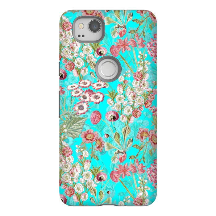 Pixel 2 StrongFit White & Pink Flowers on Teal by  Utart