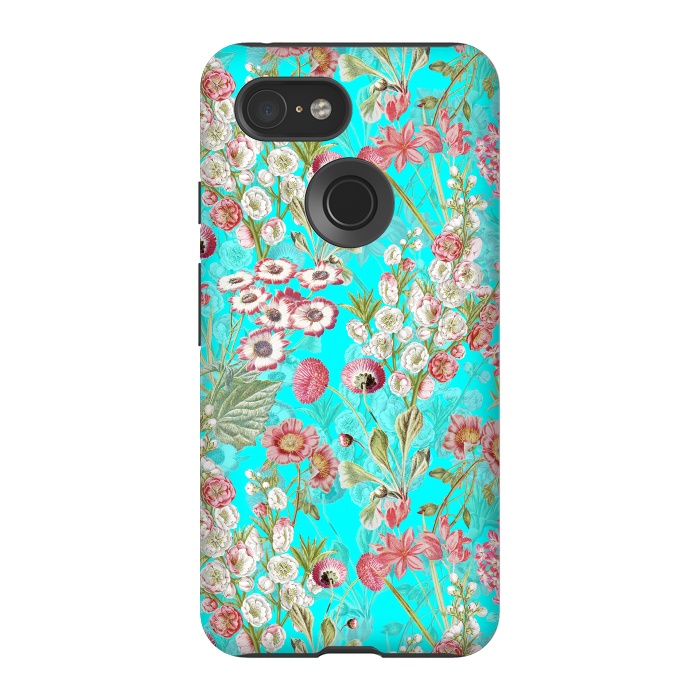 Pixel 3 StrongFit White & Pink Flowers on Teal by  Utart