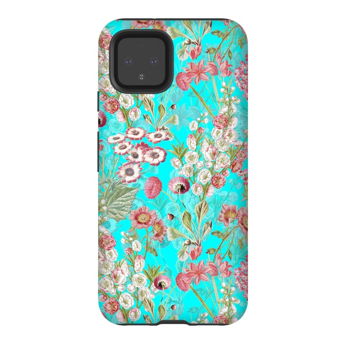 Pixel 4 StrongFit White & Pink Flowers on Teal by  Utart