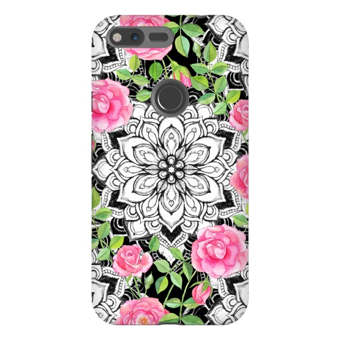 Pixel XL StrongFit Peach Pink Roses and Mandalas on Black and White Lace by Micklyn Le Feuvre