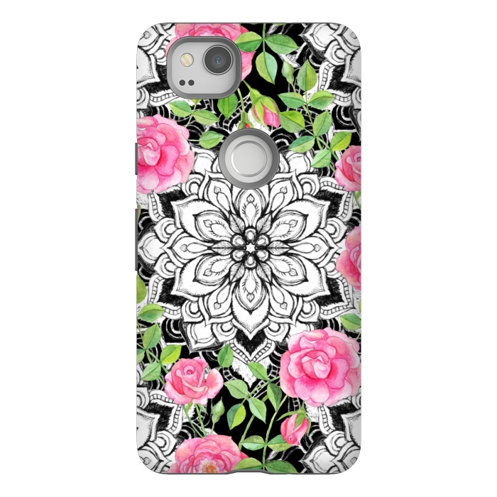 Pixel 2 StrongFit Peach Pink Roses and Mandalas on Black and White Lace by Micklyn Le Feuvre