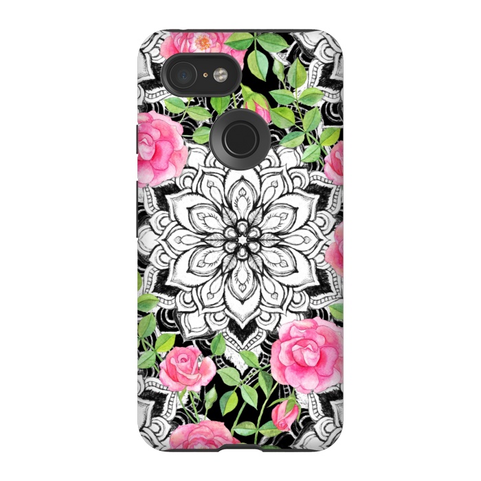 Pixel 3 StrongFit Peach Pink Roses and Mandalas on Black and White Lace by Micklyn Le Feuvre