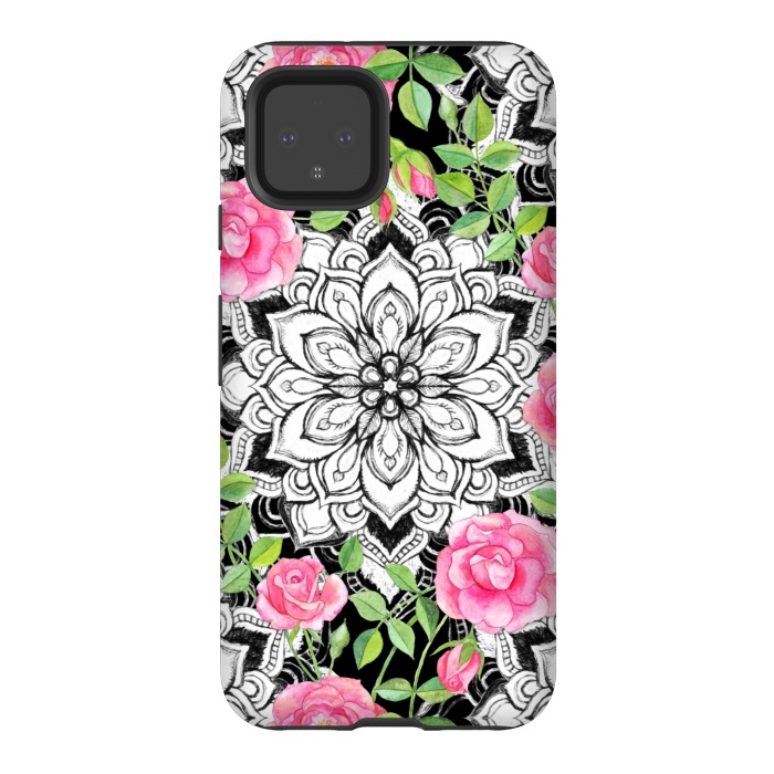 Pixel 4 StrongFit Peach Pink Roses and Mandalas on Black and White Lace by Micklyn Le Feuvre