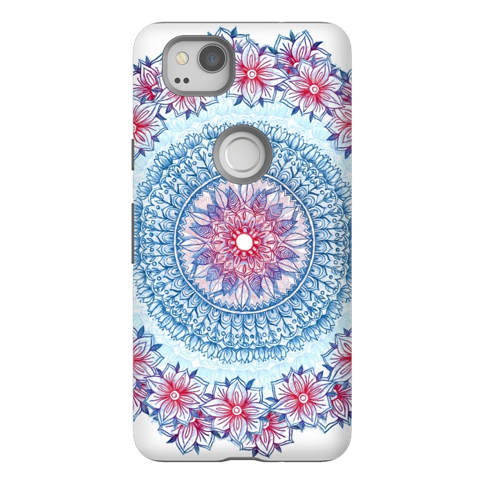 Pixel 2 StrongFit Red, White and Blue Floral Mandala by Micklyn Le Feuvre