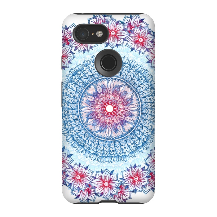 Pixel 3 StrongFit Red, White and Blue Floral Mandala by Micklyn Le Feuvre