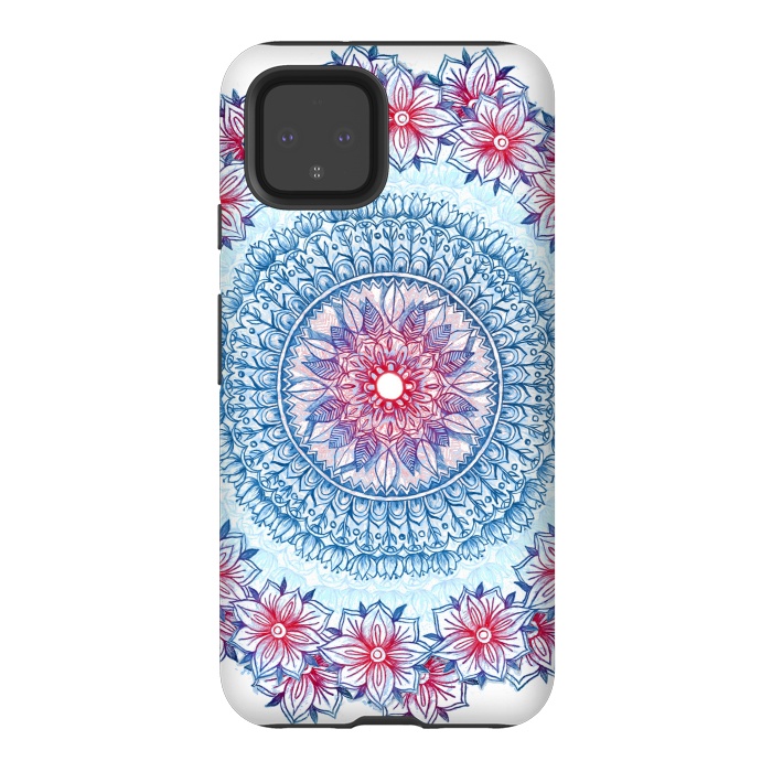 Pixel 4 StrongFit Red, White and Blue Floral Mandala by Micklyn Le Feuvre