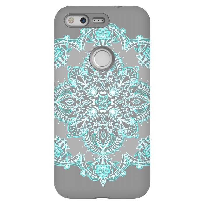 Pixel StrongFit Teal and Aqua Lace Mandala on Grey  by Micklyn Le Feuvre