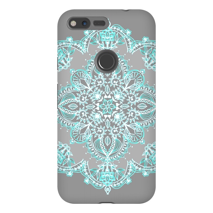 Pixel XL StrongFit Teal and Aqua Lace Mandala on Grey  by Micklyn Le Feuvre