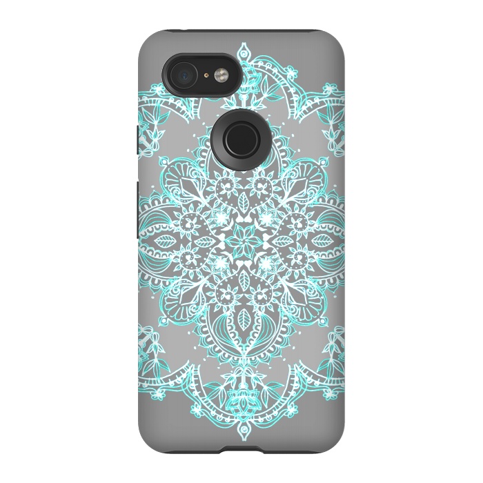 Pixel 3 StrongFit Teal and Aqua Lace Mandala on Grey  by Micklyn Le Feuvre