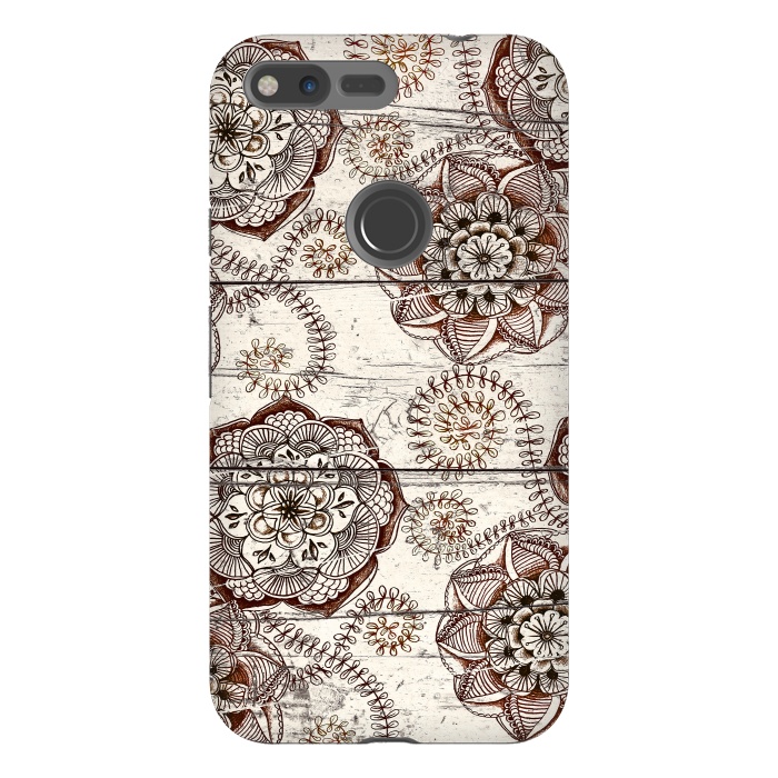 Pixel XL StrongFit Coffee & Cocoa - brown & cream floral doodles on wood by Micklyn Le Feuvre