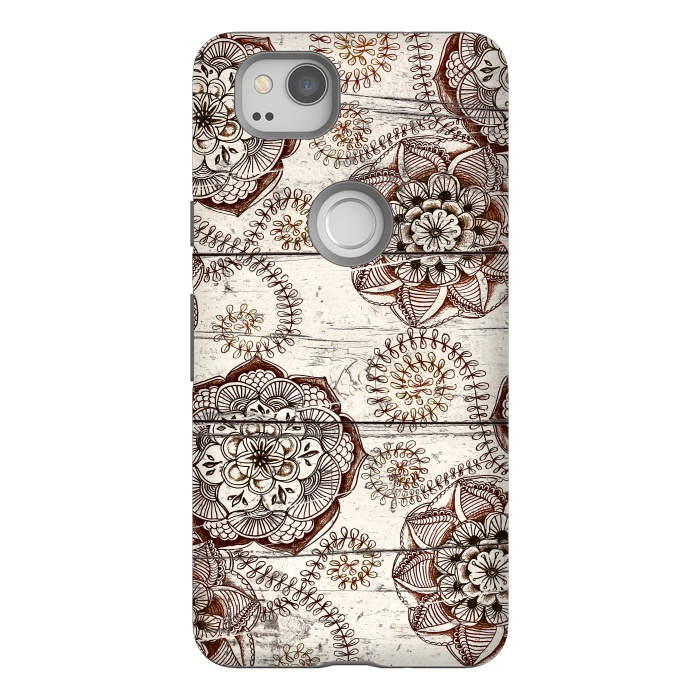 Pixel 2 StrongFit Coffee & Cocoa - brown & cream floral doodles on wood by Micklyn Le Feuvre