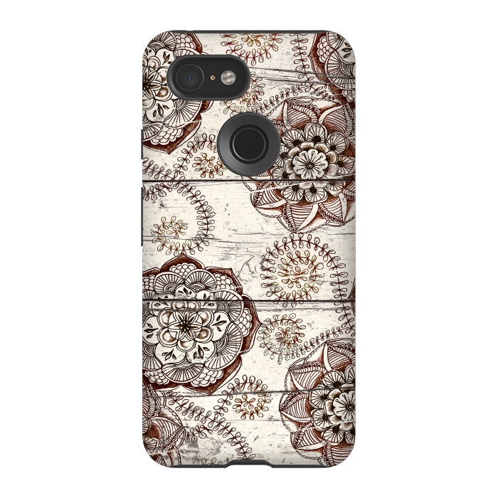 Pixel 3 StrongFit Coffee & Cocoa - brown & cream floral doodles on wood by Micklyn Le Feuvre