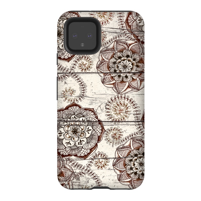 Pixel 4 StrongFit Coffee & Cocoa - brown & cream floral doodles on wood by Micklyn Le Feuvre