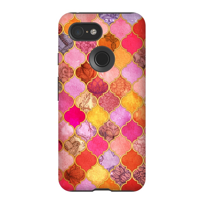 Pixel 3 StrongFit Hot Pink, Gold, Tangerine & Taupe Decorative Moroccan Tile Pattern by Micklyn Le Feuvre