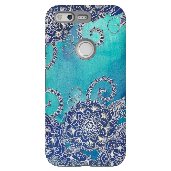 Pixel StrongFit Mermaid's Garden - Navy & Teal Floral on Watercolor by Micklyn Le Feuvre