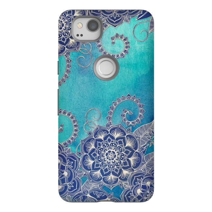 Pixel 2 StrongFit Mermaid's Garden - Navy & Teal Floral on Watercolor by Micklyn Le Feuvre