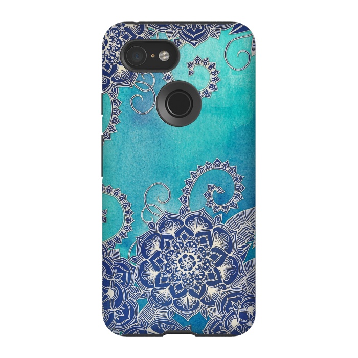 Pixel 3 StrongFit Mermaid's Garden - Navy & Teal Floral on Watercolor by Micklyn Le Feuvre