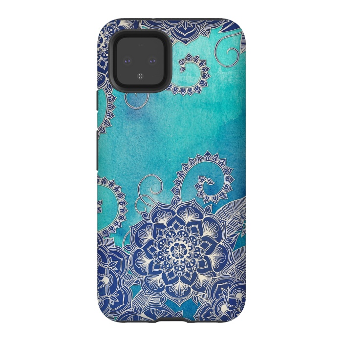 Pixel 4 StrongFit Mermaid's Garden - Navy & Teal Floral on Watercolor by Micklyn Le Feuvre