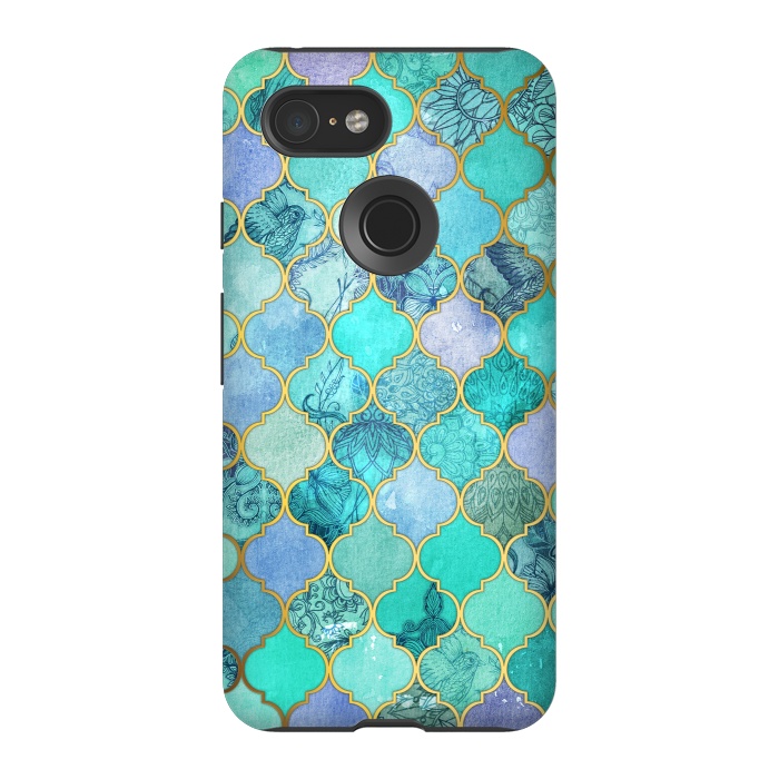 Pixel 3 StrongFit Cool Jade Icy Mint Decorative Moroccan Tile Pattern by Micklyn Le Feuvre