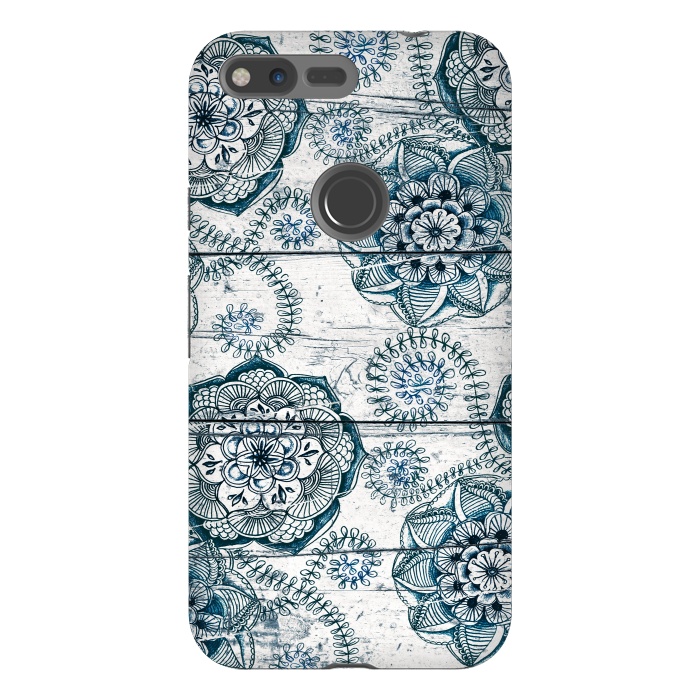 Pixel XL StrongFit Navy Blue Floral Doodles on Wood by Micklyn Le Feuvre