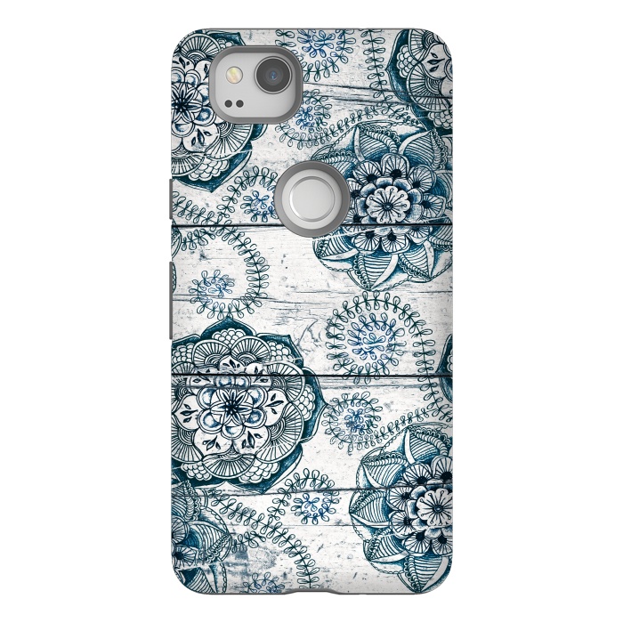 Pixel 2 StrongFit Navy Blue Floral Doodles on Wood by Micklyn Le Feuvre