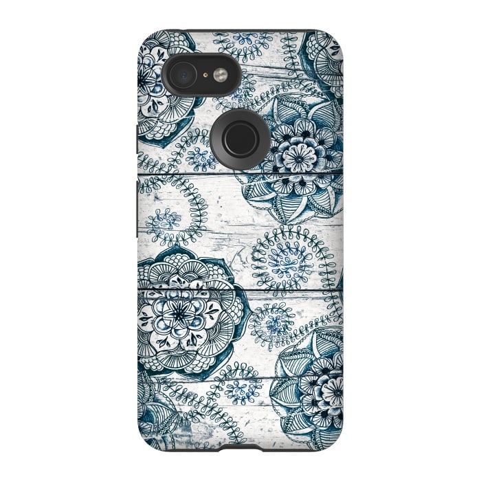 Pixel 3 StrongFit Navy Blue Floral Doodles on Wood by Micklyn Le Feuvre