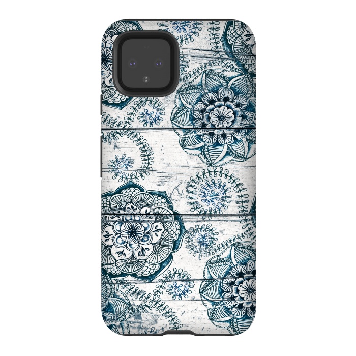 Pixel 4 StrongFit Navy Blue Floral Doodles on Wood by Micklyn Le Feuvre