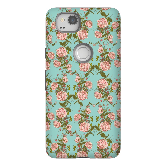Pixel 2 StrongFit Vintage Rosy Floral-Blue by Quirk It Up