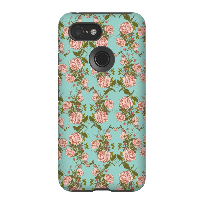 Pixel 3 StrongFit Vintage Rosy Floral-Blue by Quirk It Up