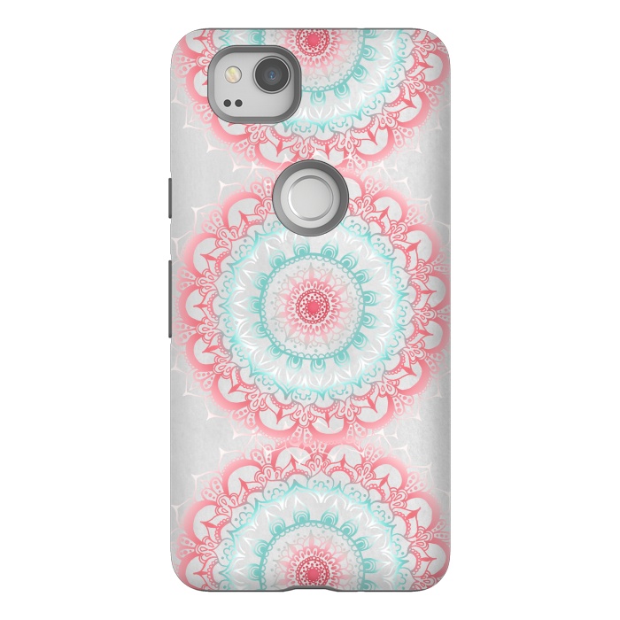 Pixel 2 StrongFit Faded Coral & Mint Mandalas on Grey by Tangerine-Tane