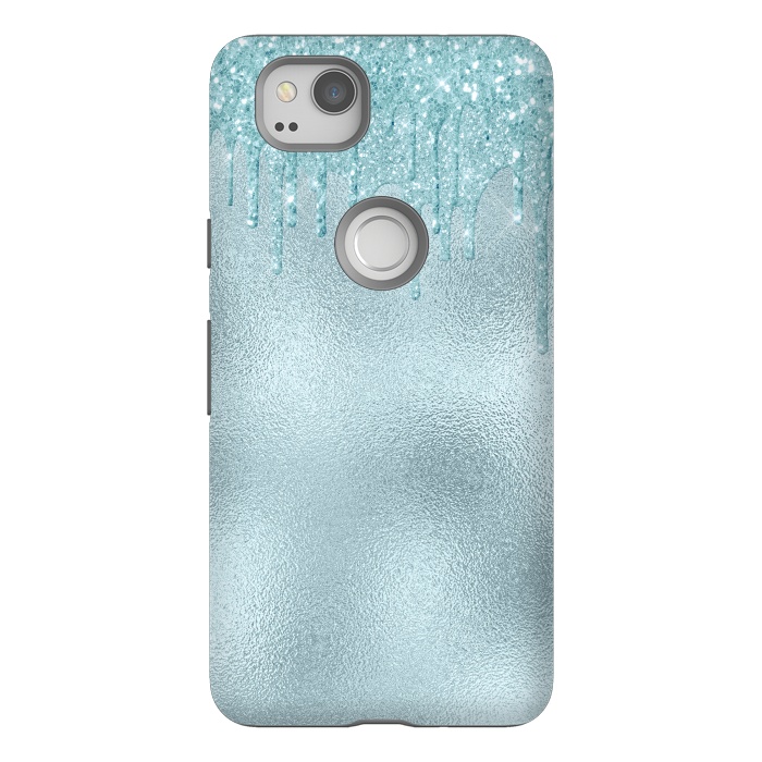 Pixel 2 StrongFit Ice Blue Glitter Droplets on Metal Foil by  Utart
