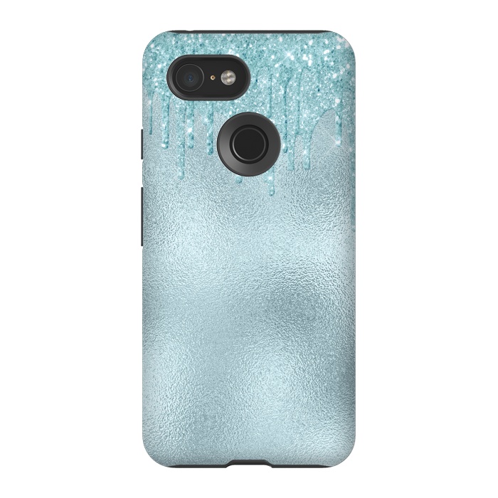 Pixel 3 StrongFit Ice Blue Glitter Droplets on Metal Foil by  Utart