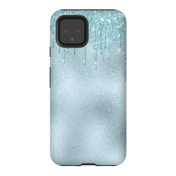 Pixel 4 StrongFit Ice Blue Glitter Droplets on Metal Foil by  Utart