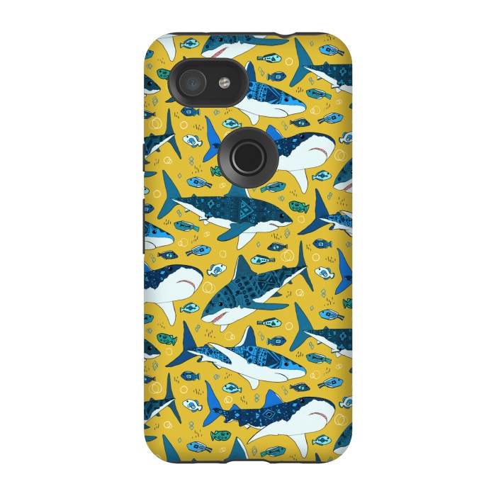 Pixel 3A StrongFit Tribal Sharks & Fish On Mustard by Tigatiga