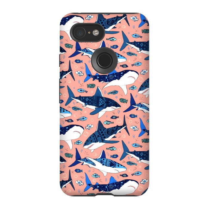 Pixel 3 StrongFit Tribal Sharks & Fish On Pink by Tigatiga