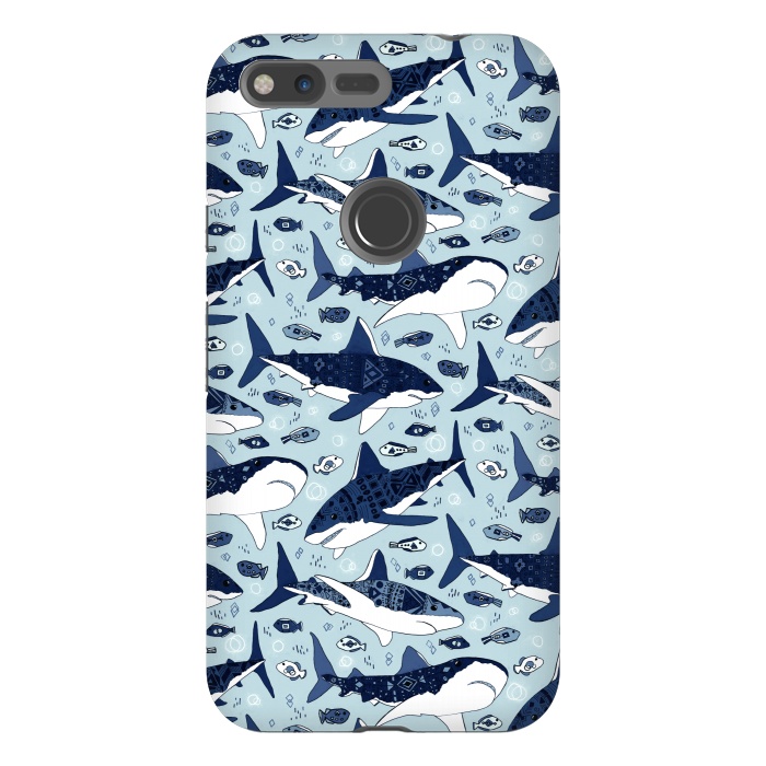 Pixel XL StrongFit Tribal Sharks & Fish On Baby Blue  by Tigatiga