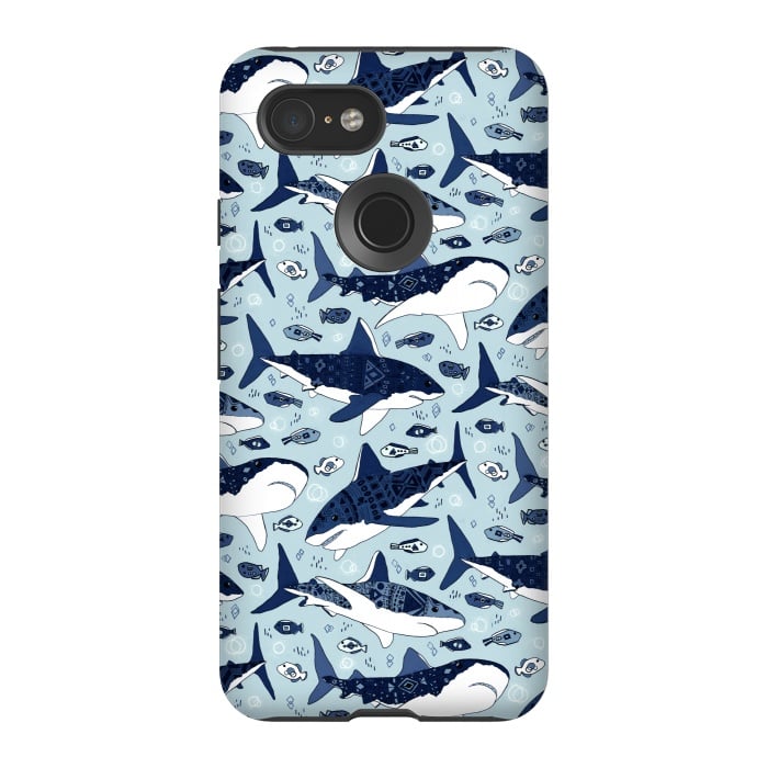 Pixel 3 StrongFit Tribal Sharks & Fish On Baby Blue  by Tigatiga