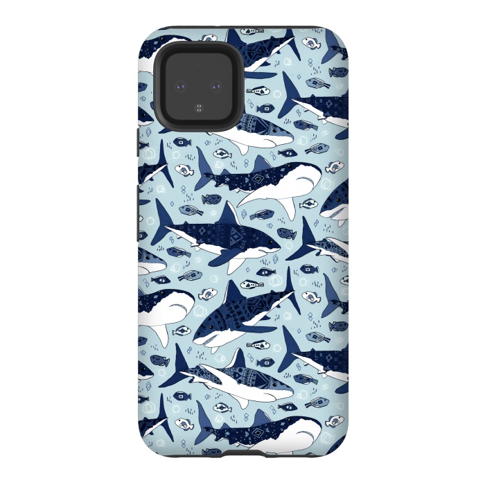 Pixel 4 StrongFit Tribal Sharks & Fish On Baby Blue  by Tigatiga