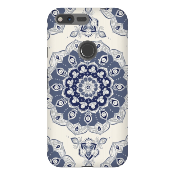 Pixel XL StrongFit Grey Blue Monochrome Floral Mandala by Micklyn Le Feuvre