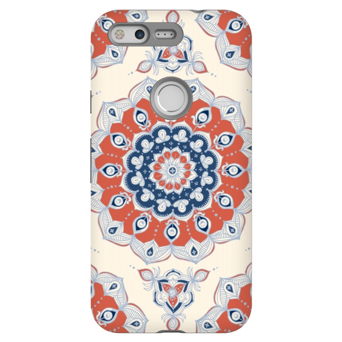 Pixel StrongFit Red, Blue and Cream Floral Mandala by Micklyn Le Feuvre