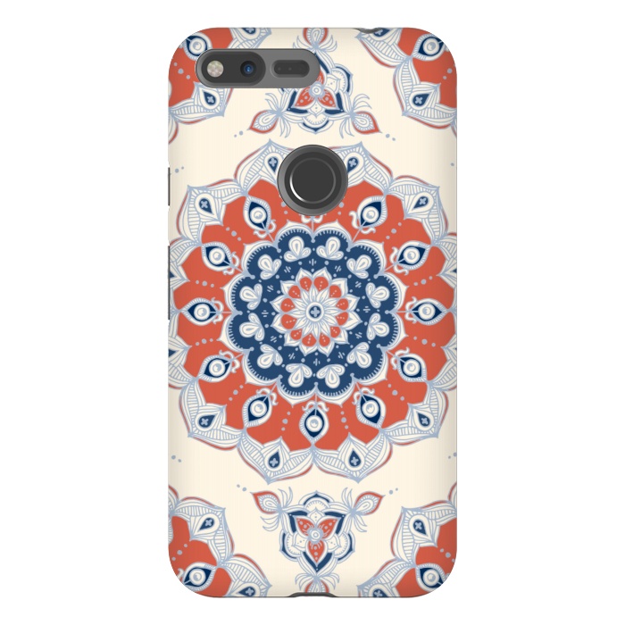 Pixel XL StrongFit Red, Blue and Cream Floral Mandala by Micklyn Le Feuvre