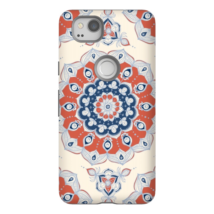 Pixel 2 StrongFit Red, Blue and Cream Floral Mandala by Micklyn Le Feuvre