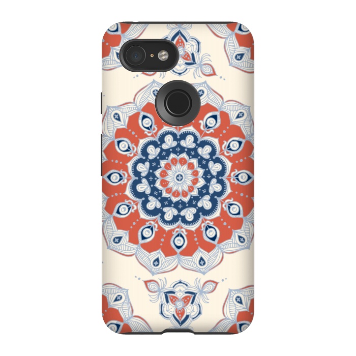 Pixel 3 StrongFit Red, Blue and Cream Floral Mandala by Micklyn Le Feuvre