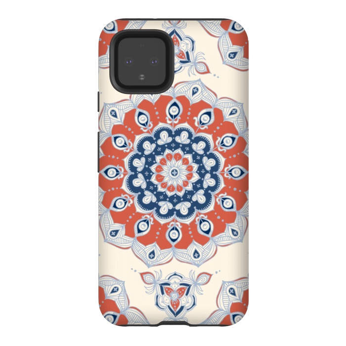 Pixel 4 StrongFit Red, Blue and Cream Floral Mandala by Micklyn Le Feuvre