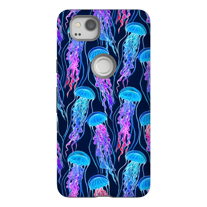 Pixel 2 StrongFit Luminescent Rainbow Jellyfish on Navy Blue by Micklyn Le Feuvre